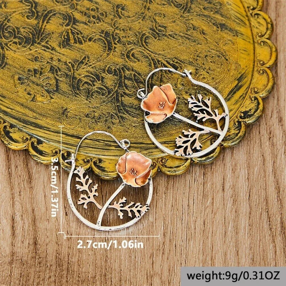 Floral Hoop Earrings Silver Tone Copper Tone Poppy Flower Leaf Branch Hinged - Picture 2 of 7